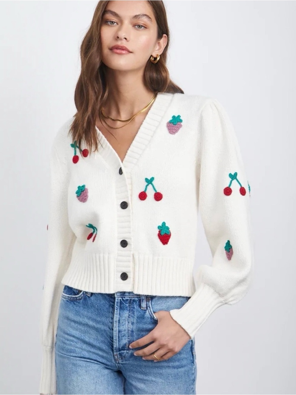 RAILS Esther White/Off-white Cropped Cardigan Sweater with Fruit Embroidery